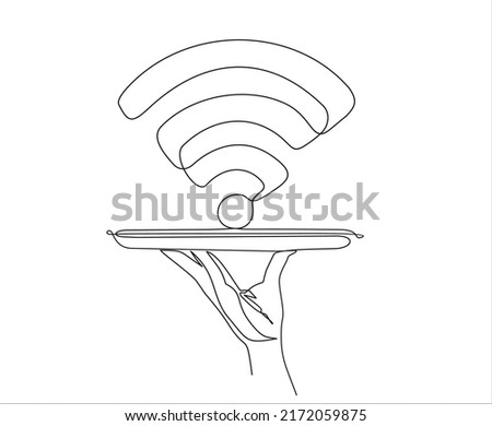 Continuous line vector illustration of hand holding dish with WI-FI on white background, concept  free wi-fi sharing. Stroke Line, Icon or Emblem trendy linear style.