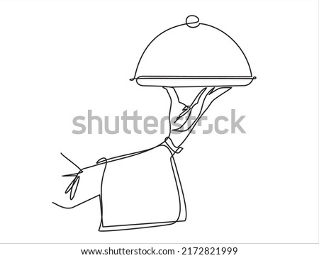 Hand Serving Tray of Food-continuous line drawing.The waiter carries food on a tray. Food in a restaurant. A hand holds a tray. 