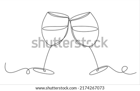 One continuous single line of hand drawn with Two glasses of wine cheering isolated on white background.