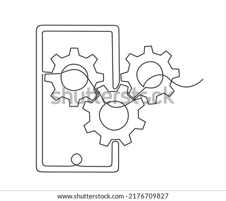 continuous one single line drawing of Smartphone and gears, Adjusting app options, maintenance, repair, fixing monitor.