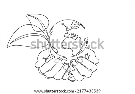 Single continuous line of hands holding planet earth and tree leaf. Plant leaves grow planet Earth seedling eco natural concept design sketch drawing vector illustration art 
