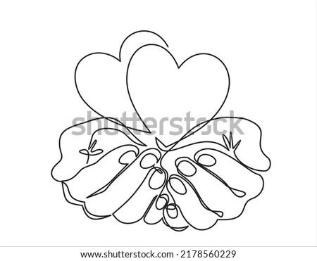 Single continuous line of hands holding hearts on a white background. Black thin line of the hands with  hearts.