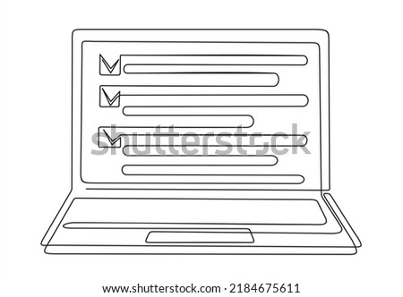 Online voting concept. One continuous line drawing of computer laptop with checklist on it