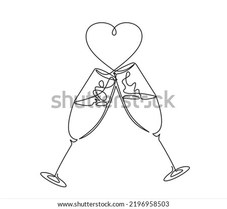 Continuous one line drawing of cheers two glasses with champagne and heart. Romantic toast concept  in linear style isolated on white background. Vector illustration