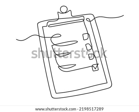 One continuous line drawing of checklist, clipboard