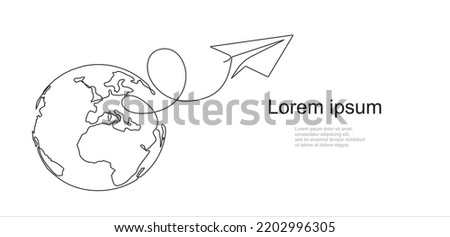 continuous line drawing paper plane taking off from a map and flying symbol for travel or journey illustration vector. Can used for logo, emblem, slide show and banner. 