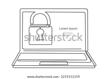 continuous one single line drawing of laptop with folder and padlock on screen. Protected folder. Personal information, data, lock, password, pin code, file. Privacy concept. 