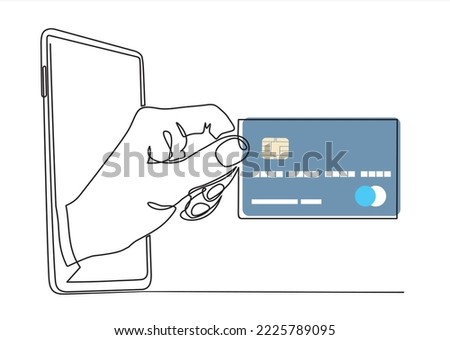 one line drawing of smartphone with hands holding credit card as business concept of online shopping. Can used for logo, emblem, slide show and banner.