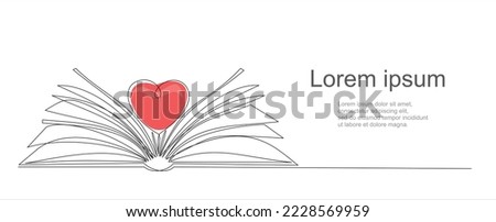 Open book and heart, continuous line vector illustration. one line vector drawing of a book and a heart, concept of love of reading. Black and white hand drawn image.