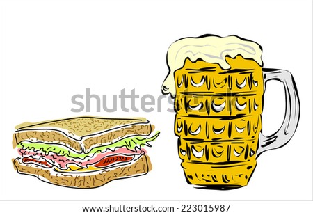 beer glass and long sandwich. Isolated on white