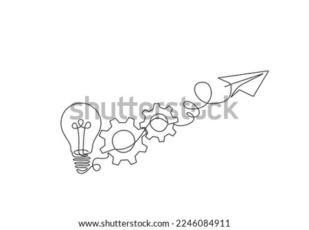 Paper plane flying up connected with light bulb and gears in one continuous line drawing. Airplane in outline style. Startup business idea concept. 