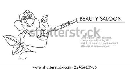 Continuous line beauty surgery concept. One line female portrait. One line syringe, lip filters, Beauty saloon.