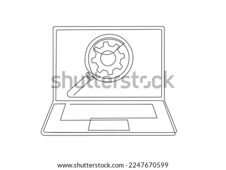 Continuous one line drawing of laptop and magnifying glass with gears. Adjusting app options, maintenance, repair, fixing monitor. Hand drawn design vector illustration. 