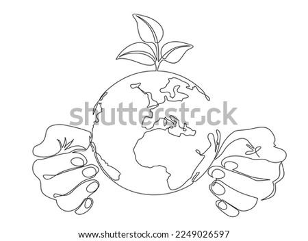 Single continuous line of hands holding planet earth and tree leaf. Plant leaves grow planet Earth seedling eco natural concept design sketch drawing vector illustration art 