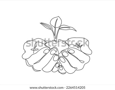 Single continuous line of hands holding tree leaf. Plant leaves grow planet Earth seedling eco natural concept design sketch drawing vector illustration art 
