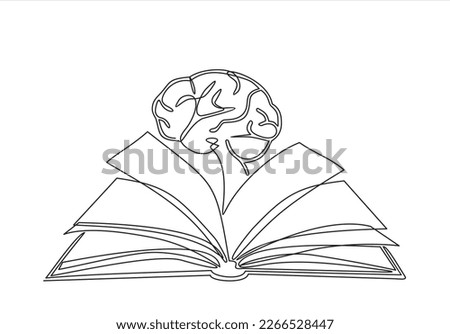 Gain knowledge from books - continuous line drawing of Open book lying down with big human brain flying above. Reading, intelligence and wisdom concept, vector illustration