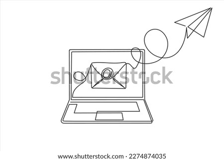 continuous one line drawing of 
Email message post letter send illustration sketch outline drawing.One line laptop, paper plane and envelope.  