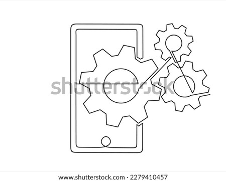 continuous one single line drawing of Smartphone and gears, Adjusting app options, maintenance, repair, fixing monitor.