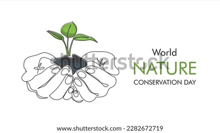 World nature conservation day. Single continuous line of hands holding tree leaf. Plant leaves grow planet Earth seedling eco natural concept design sketch drawing vector illustration art 