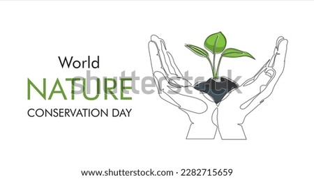 World nature conservation day. Single continuous line of hands holding tree leaf. Plant leaves grow planet Earth seedling eco natural concept design sketch drawing vector illustration art 
