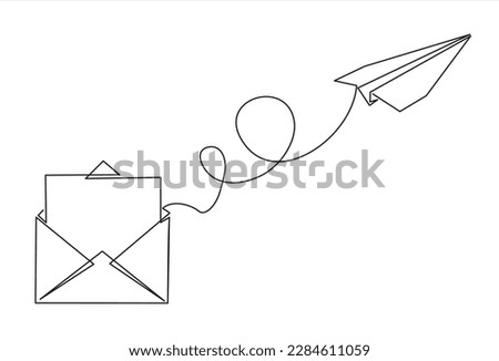 Single one line drawing envelope mail with airplane paper. Continuous line draw design graphic vector illustration.
