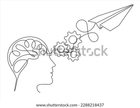 continuous modern drawing of a human head and brain thinking about Startup business idea. Brain, Paper plane flying up connected with gears in one continuous line drawing.