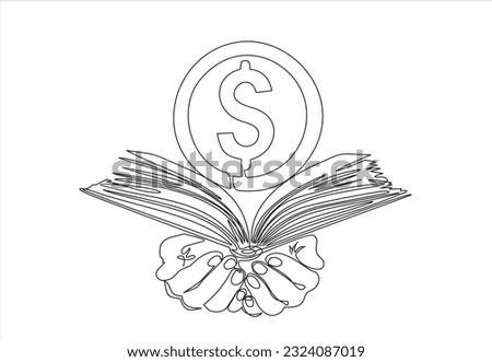 continuous one line drawing of money coin dollar  and open book. Valuable information. Can used for logo, emblem, slide show and banner.