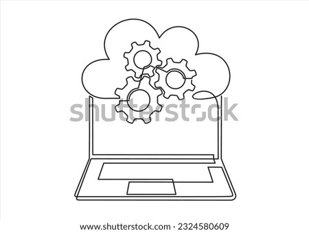 Digital technologies. Continuous One  line drawing of Exchange of information between the laptop and the cloud. A laptop glow downloads files into the cloud storage. 