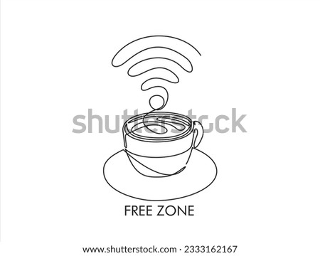 Free Zone. Free WI-FI. One continuous single line of cup of coffee decorated with wi-fi symbol isolated on white background.