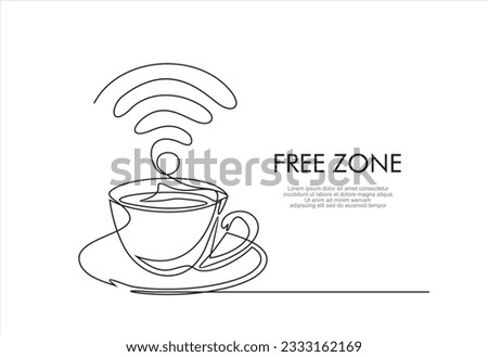 Free Zone. Free WI-FI. One continuous single line of cup of coffee decorated with wi-fi symbol isolated on white background.