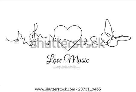 continuous line drawing of listening music wuth sound heart, notes and butterfly. Can used for logo, emblem, slide show and banner.