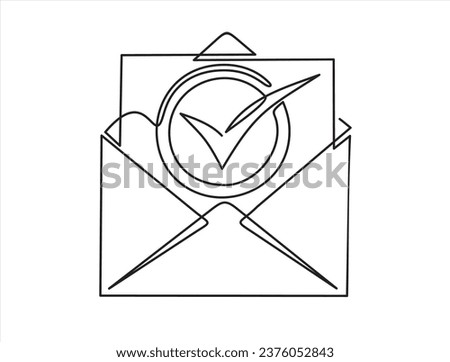 Hand drawn one line vector.Continuous one line drawing of Opened envelope and document with check mark. Official confirmation message, mail sent successfully, e-mail delivery, verification email. 