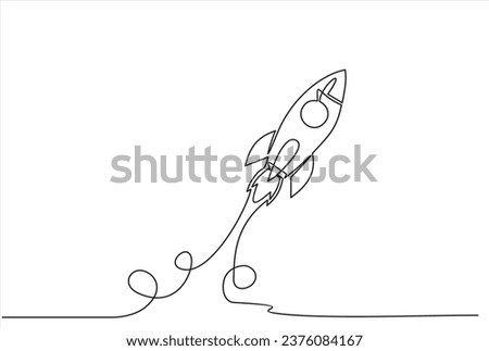 Hand drawn one line vector.One continuous line drawing of simple retro spacecraft flying up to the outer space nebula. Rocket space ship launch into universe concept. 