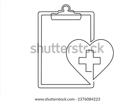 Hand drawn one line vector.Continuous one line drawing of clipboard with heart, medical check form report, health checkup concept metaphor illustration one line design vector. 