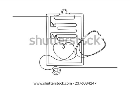 Hand drawn one line vector.Continuous one line drawing of clipboard with stethoscope, medical check form report, health checkup concept metaphor illustration one line design vector. 