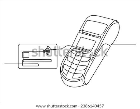 Continuous one line drawing of POS payment terminal with gprs and credit card on a white background. Linear stylized.