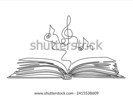 Book with treble clef and musical note one line art,hand drawn continuous contour.Creative design.Education studying learning concept,artistic template outline.Editable stroke.Isolated.Vector