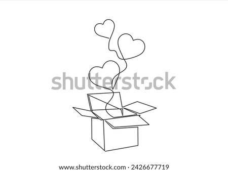 One continuous line drawing of donate box with hearts. Minimalist concept of help support and volunteer activity in vertical web banner in simple linear style. Gift of love Vector illustration