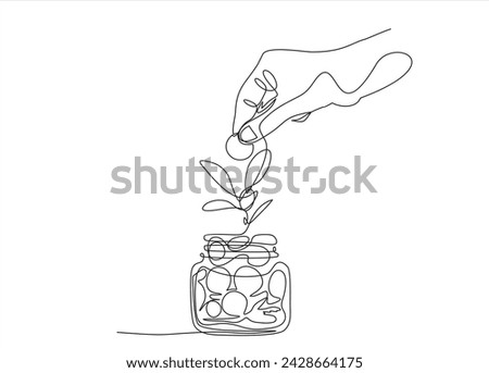 Stack coins in jar in single continuous line. Savings or investments. Profit growth drawing with one line. Saving and family budget concept. Money plant. Budget or fund. Financial bank deposit.