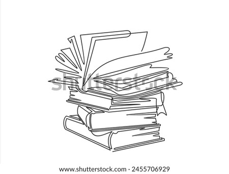 Continuous one line drawing of stack of books and open book. Single line of notebooks for background. Education, business, back to school hand drawn sketch design. Editable stroke