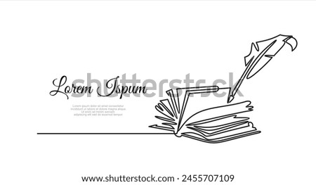 One continuous line drawing of bird feather with book. Writer and poetry symbol logo in simple linear style. Quill pen with diary in stroke. Doodle hand drawn vector illustration