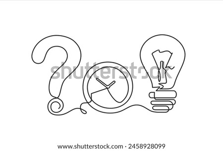Continuous one line drawing of question mark clock and light bulb. Metaphor of disorganized difficult problem, mess with black single continuous tangle thread in need of unraveling isolated on white	