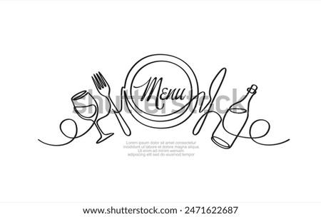 Continuous one single line drawing of plate, fork, knife, bottle of wine and glass. Restaurant menu. Menu food design. Vector illustration.