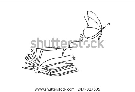 Flying book one line drawing with butterfly. Continuous hand drawn contour vector. Illustration of Creative and freedom.