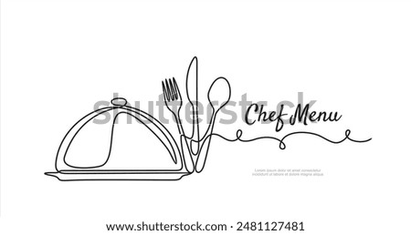 Continuous one single line drawing of fork, knife, spoon and metal cover. Chef Menu food design. Illustration with quote template. Can used for menu restaurant sketch