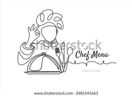 Continuous one line drawing of chef give tasting good gesture while serving main dish at restaurant. Chef menu. Delicious food taste trendy one line hand drawn vector illustration minimalism	