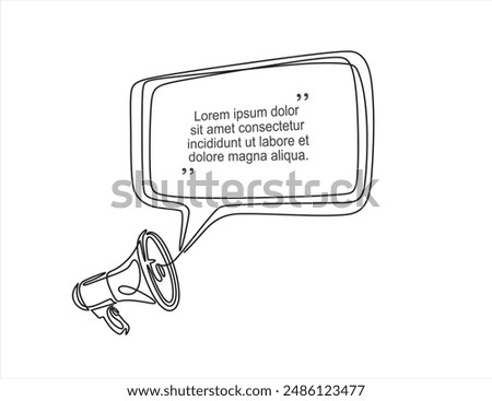 Continuous line one drawing of Speech bubble with megaphone. Vector illustration on white isolated background. Bullhorn speaker business concept.