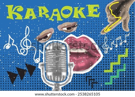 Retro Halftone Collage Karaoke  with sketch of microphone in halftone paper hand, eye, singing lips, retro mike and hand. Vintage vector.