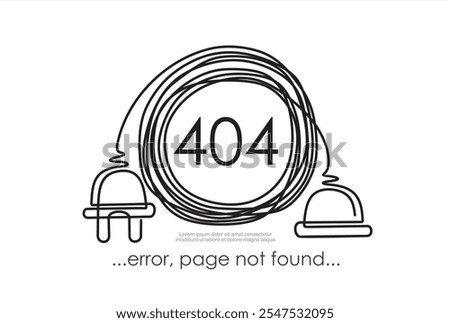 continuous One  line drawing of Electrical outlet and plug unplugged. 404 error, page not found, connection error or time out. 