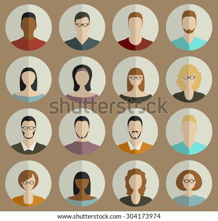 People Faces Circle Icons Set in Trendy Flat Style